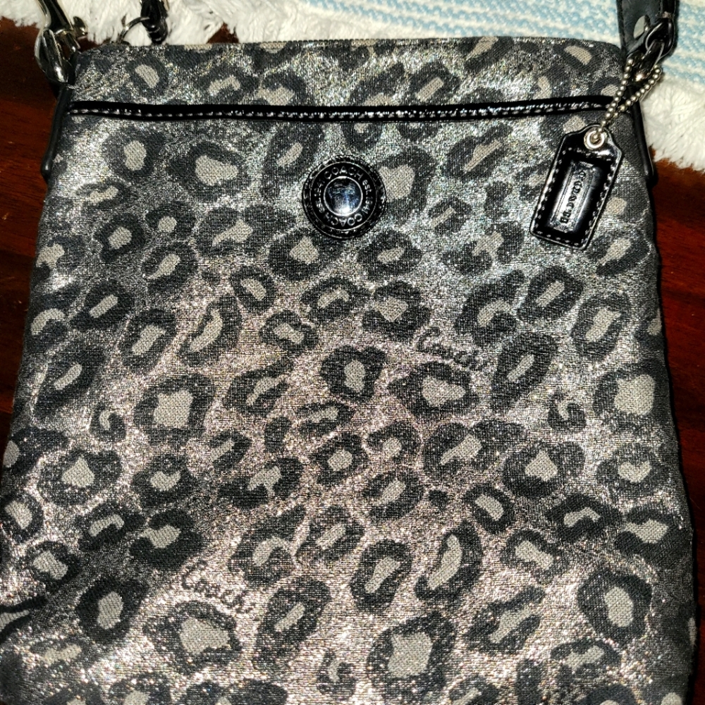 Coach silver black leopard cross body